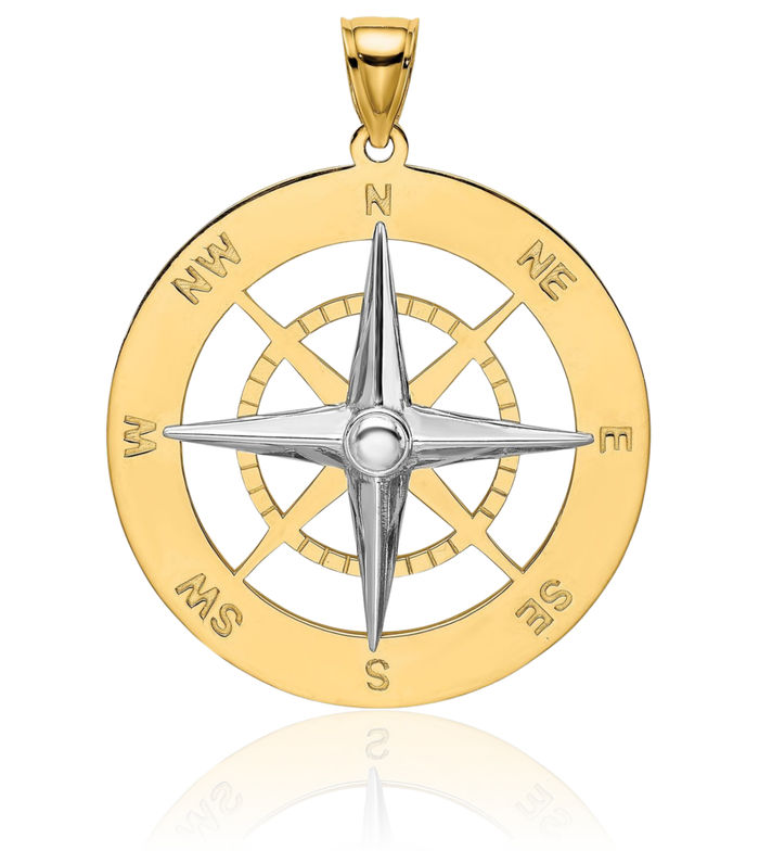 14K Solid Two Tone Gold Nautical North Star Compass White Needle Necklace Chain Pendant Charm