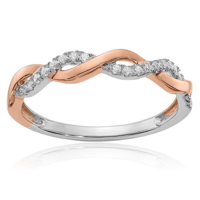 14K Solid Two Tone Rose White Gold Crisscross Diamond Wedding Band Woven Twisted Statement Ring