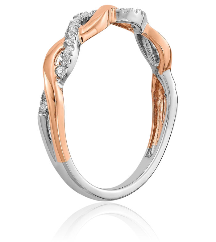 14K Solid Two Tone Rose White Gold Crisscross Diamond Wedding Band Woven Twisted Statement Ring