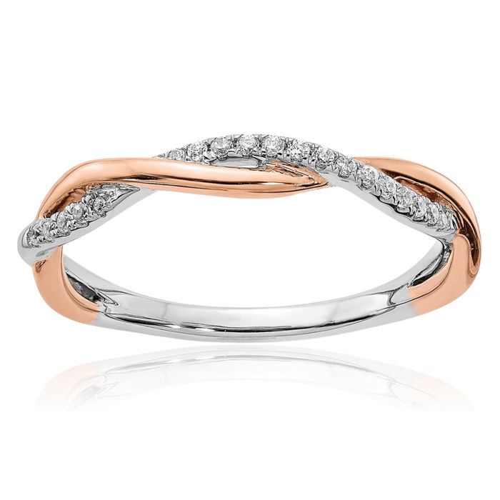 14K Solid Two Tone Rose White Gold Crisscross Diamond Wedding Band Woven Twisted Statement Ring