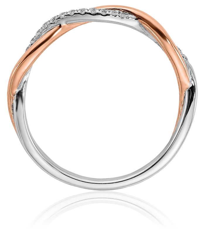 14K Solid Two Tone Rose White Gold Crisscross Diamond Wedding Band Woven Twisted Statement Ring