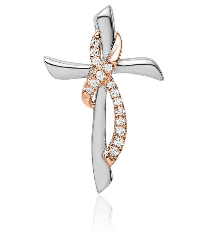 14K Solid Two Tone Gold White Rose Holy Cross Cancer Awareness Ribbon Diamond Floating Chain Slide Pendant Necklace Religious Jesus Christ Charm