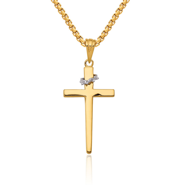 14K Solid Two Tone Gold Holy Cross Crown of Thorns Necklace Religious Chain Pendant Jesus Christ Charm