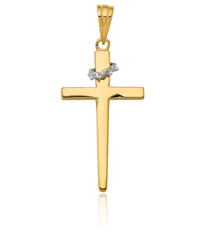 14K Solid Two Tone Gold Holy Cross Crown of Thorns Necklace Religious Chain Pendant Jesus Christ Charm