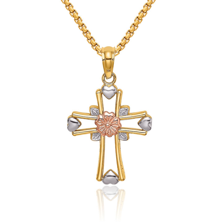 14K Solid Two Tone Gold White Holy Cross Flower Heart Necklace Religious Chain Pendant Jesus Christ Charm