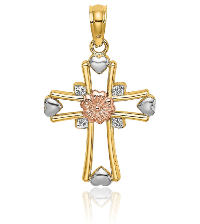 14K Solid Two Tone Gold White Holy Cross Flower Heart Necklace Religious Chain Pendant Jesus Christ Charm