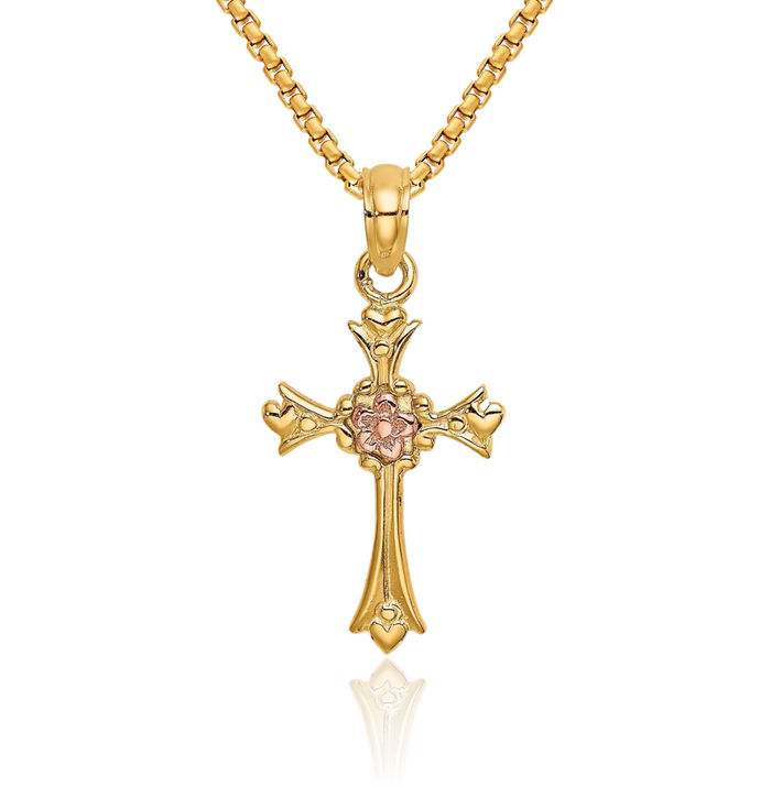 14K Solid Two Tone Gold Holy Cross Flower Necklace Religious Chain Pendant Jesus Christ Charm