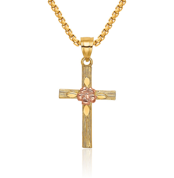 14K Solid Two Tone Gold Holy Cross Flower Necklace Religious Chain Pendant Jesus Christ Charm