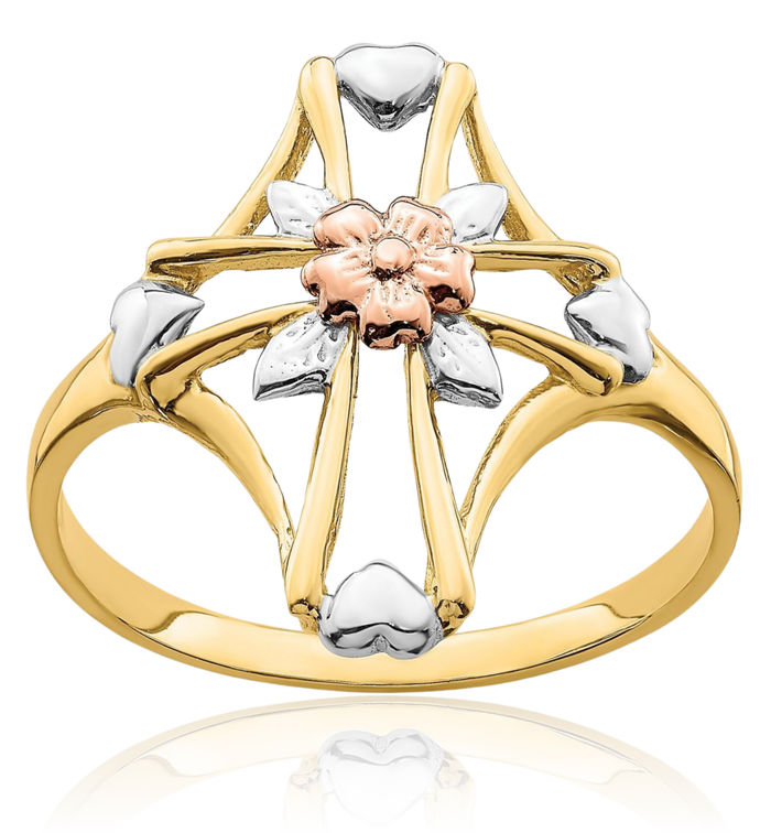 14K Solid Two Tone Gold White Holy Cross Flower Ring Christian Religious Band