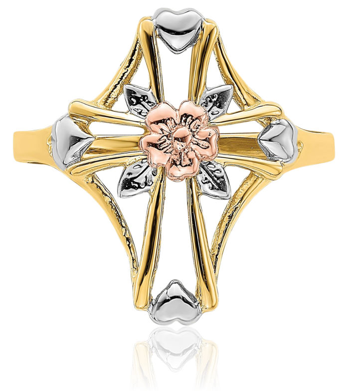 14K Solid Two Tone Gold White Holy Cross Flower Ring Christian Religious Band