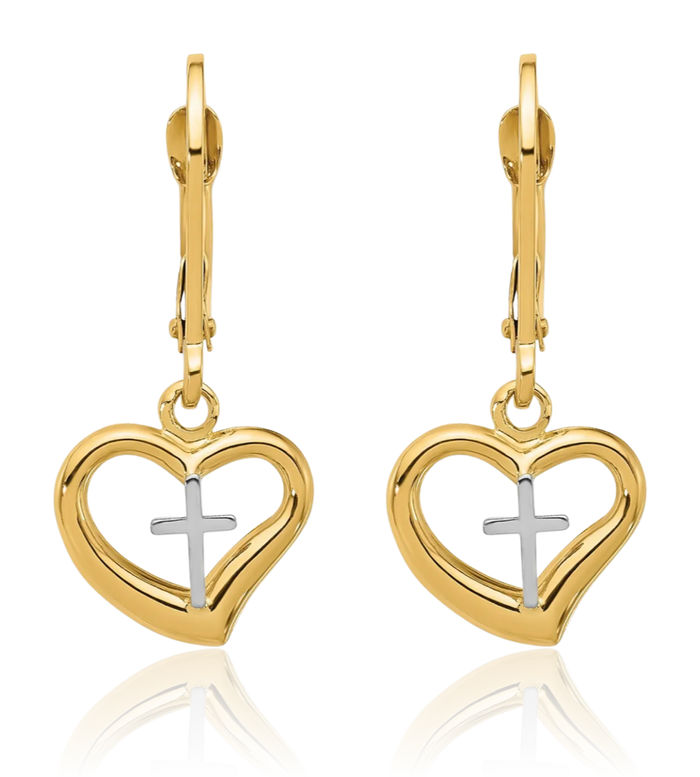 14K Solid Two Tone Gold Cross Heart Drop Dangle Earrings