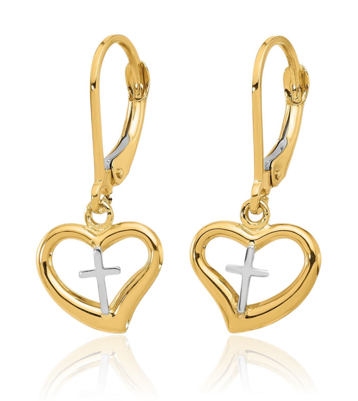 14K Solid Two Tone Gold Cross Heart Drop Dangle Earrings