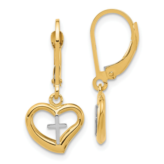 14K Solid Two Tone Gold Cross Heart Drop Dangle Earrings