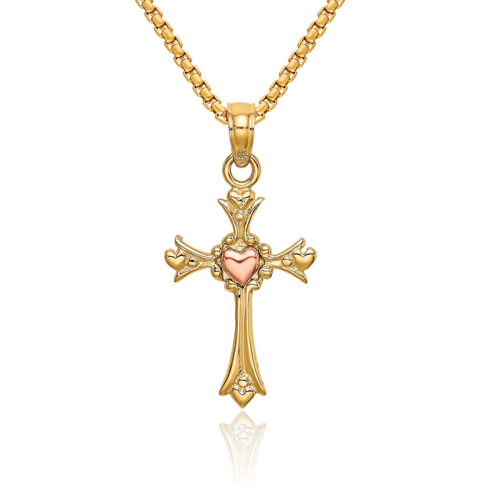 14K Solid Two Tone Gold Holy Cross Heart Necklace Religious Chain Pendant Jesus Christ Charm