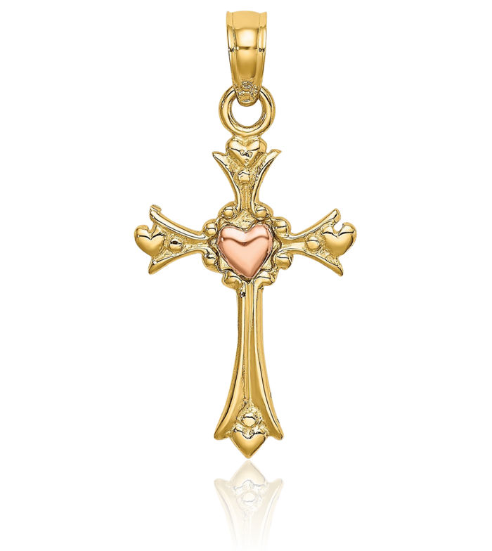 14K Solid Two Tone Gold Holy Cross Heart Necklace Religious Chain Pendant Jesus Christ Charm