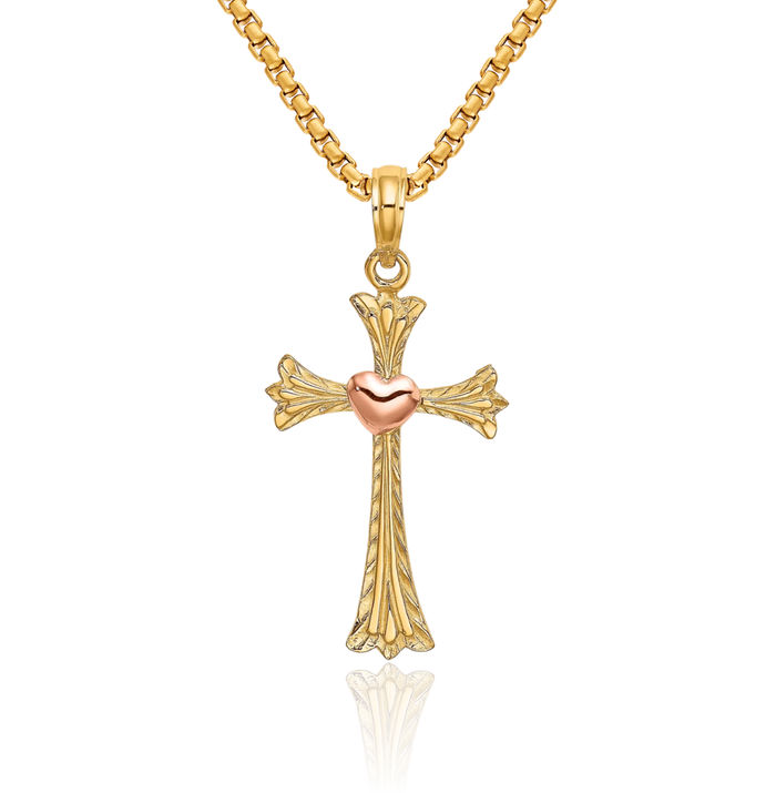 14K Solid Two Tone Gold Holy Cross Heart Necklace Religious Chain Pendant Jesus Christ Charm