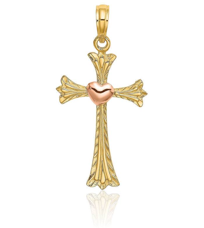 14K Solid Two Tone Gold Holy Cross Heart Necklace Religious Chain Pendant Jesus Christ Charm