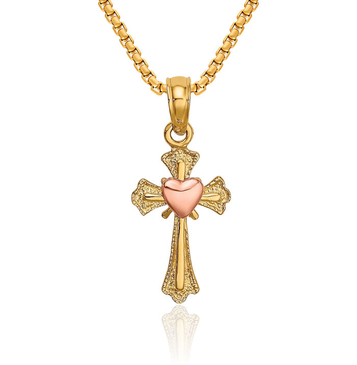 14K Solid Two Tone Gold Holy Cross Heart Necklace Religious Chain Pendant Jesus Christ Charm