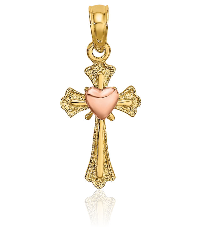 14K Solid Two Tone Gold Holy Cross Heart Necklace Religious Chain Pendant Jesus Christ Charm