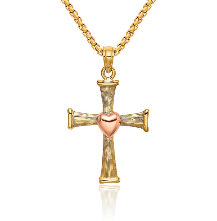 14K Solid Two Tone Gold Holy Cross Heart Necklace Religious Chain Pendant Jesus Christ Charm