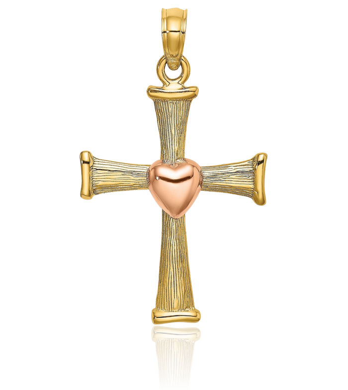 14K Solid Two Tone Gold Holy Cross Heart Necklace Religious Chain Pendant Jesus Christ Charm