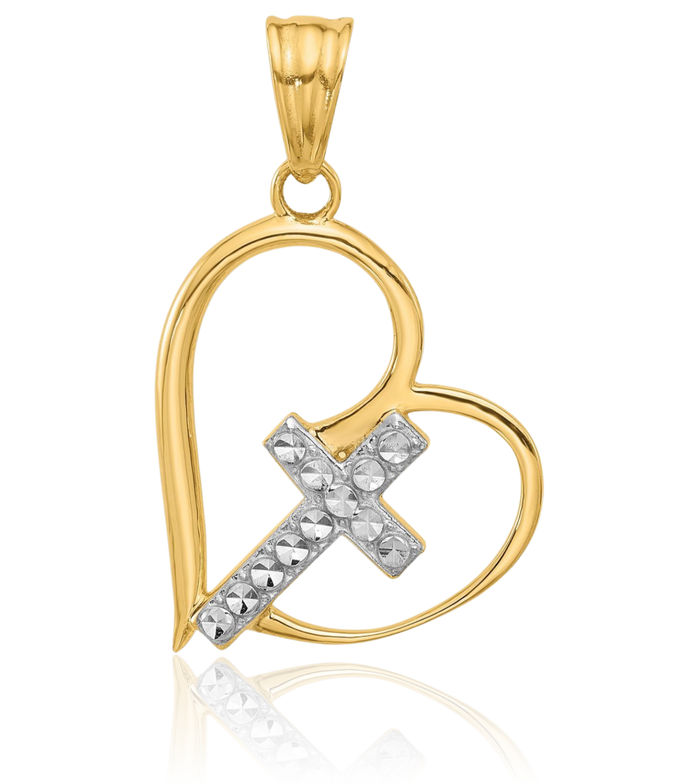 14K Solid Two Tone Yellow White Gold Holy Cross Heart Necklace Religious Chain Pendant Jesus Christ Charm