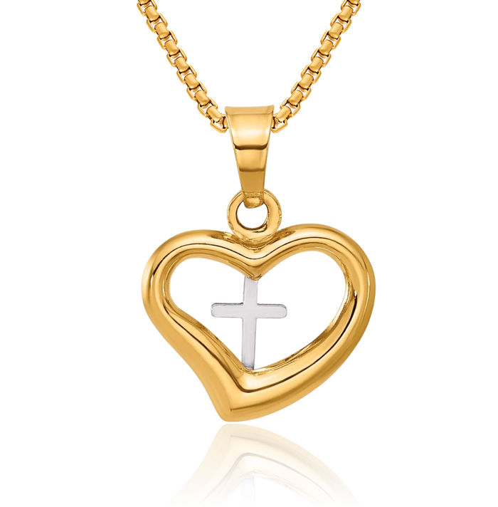 14K Solid Two Tone Gold Holy Cross Heart Necklace Religious Chain Pendant Jesus Christ Charm