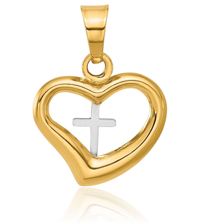 14K Solid Two Tone Gold Holy Cross Heart Necklace Religious Chain Pendant Jesus Christ Charm