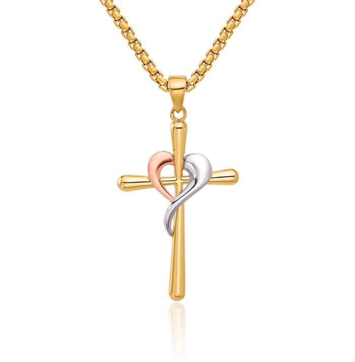 14K Solid Two Tone Gold White Holy Cross Heart Necklace Religious Chain Pendant Jesus Christ Charm