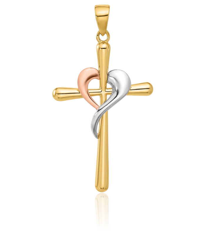 14K Solid Two Tone Gold White Holy Cross Heart Necklace Religious Chain Pendant Jesus Christ Charm