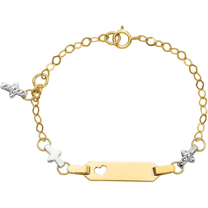 14K Solid Two Tone Gold Cross Name Bar Identification ID Bracelet