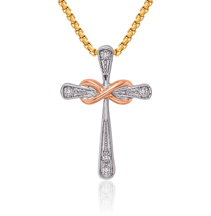 14K Solid Two Tone Gold White Rose Holy Cross Infinity Twisted Love Knot Symbol Diamond Floating Chain Slide Pendant Necklace Religious Jesus Christ Charm