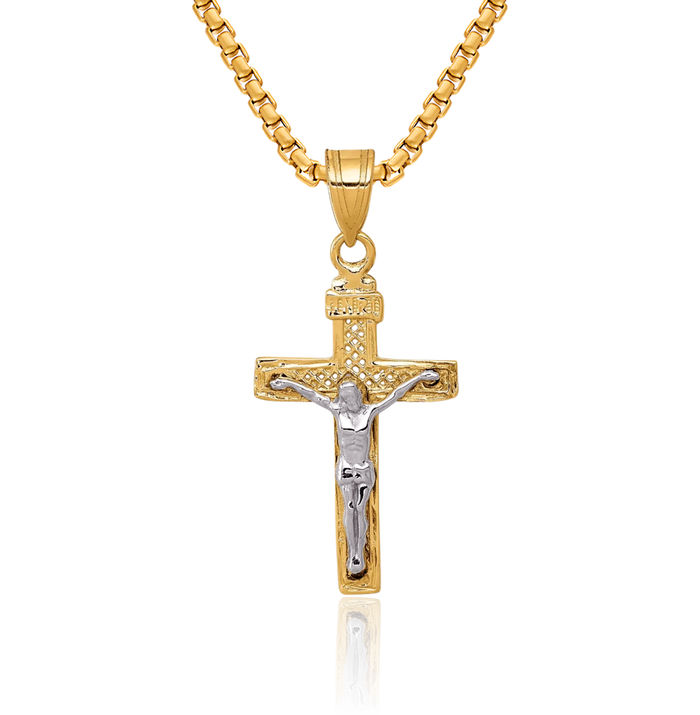 14K Solid Two Tone Gold Cross Lord Jesus Christ Crucifix Latin Mexican Holy Necklace Religious Chain Pendant Charm
