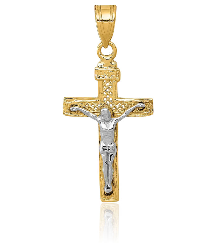 14K Solid Two Tone Gold Cross Lord Jesus Christ Crucifix Latin Mexican Holy Necklace Religious Chain Pendant Charm
