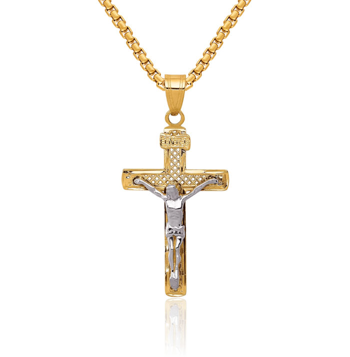 14K Solid Two Tone Gold Cross Lord Jesus Christ Crucifix Latin Mexican Holy Necklace Religious Chain Pendant Charm