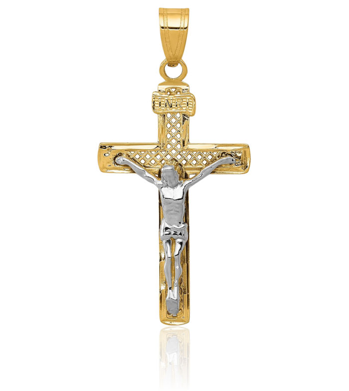 14K Solid Two Tone Gold Cross Lord Jesus Christ Crucifix Latin Mexican Holy Necklace Religious Chain Pendant Charm