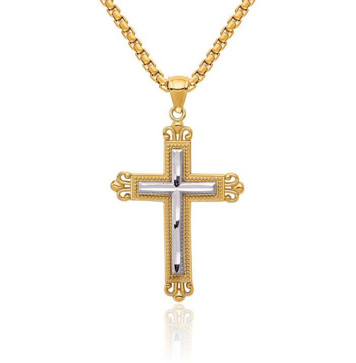 14K Solid Two Tone Gold Holy Cross Necklace Religious Chain Pendant Jesus Christ Charm