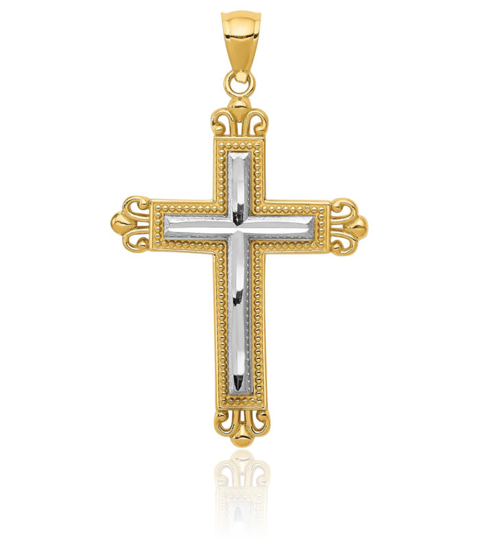 14K Solid Two Tone Gold Holy Cross Necklace Religious Chain Pendant Jesus Christ Charm