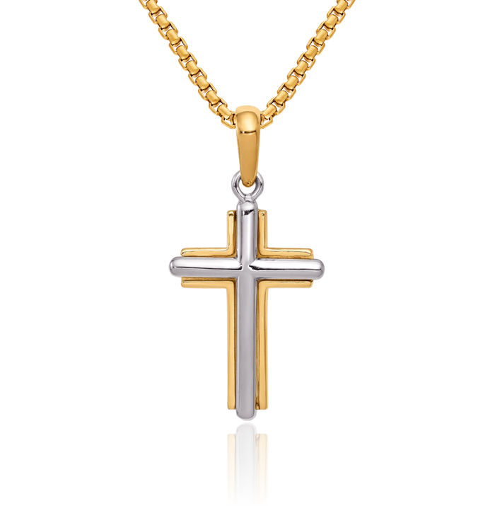 14K Solid Two Tone Gold Latin Mexican Holy Cross Necklace Religious Chain Pendant Jesus Christ Charm