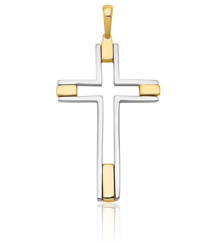 14K Solid Two Tone Gold Latin Mexican Holy Cross Necklace Religious Chain Pendant Jesus Christ Charm