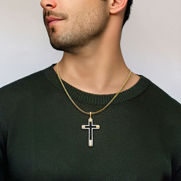 14K Solid Two Tone Gold Latin Mexican Holy Cross Necklace Religious Chain Pendant Jesus Christ Charm