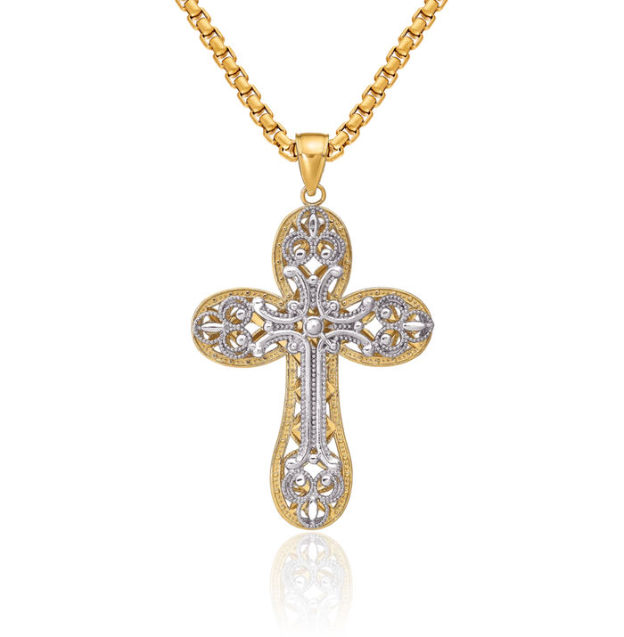 14K Solid Two Tone Gold Holy Cross Necklace Religious Chain Pendant Jesus Christ Charm