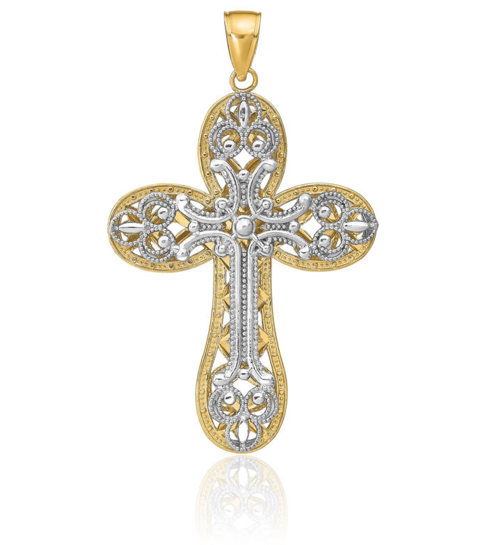 14K Solid Two Tone Gold Holy Cross Necklace Religious Chain Pendant Jesus Christ Charm