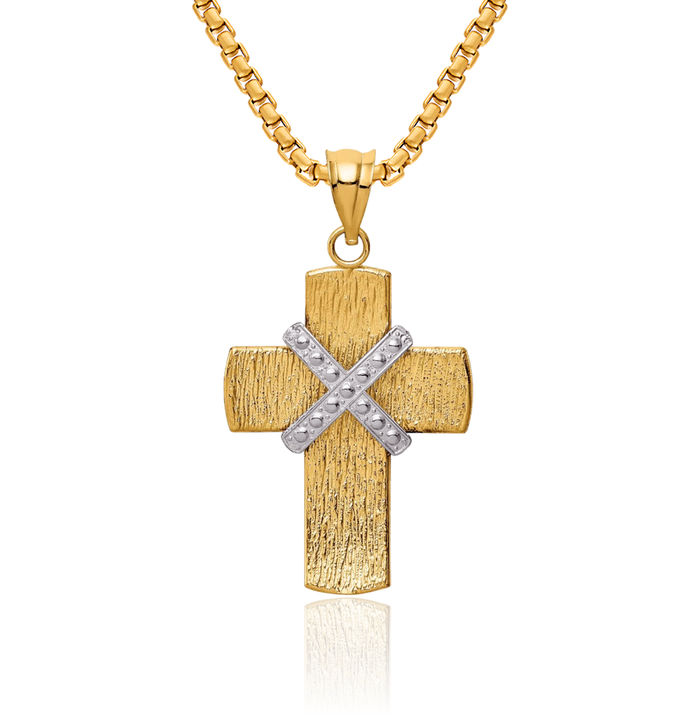 14K Solid Two Tone Gold Latin Mexican Holy Cross Necklace Religious Chain Pendant Jesus Christ Charm