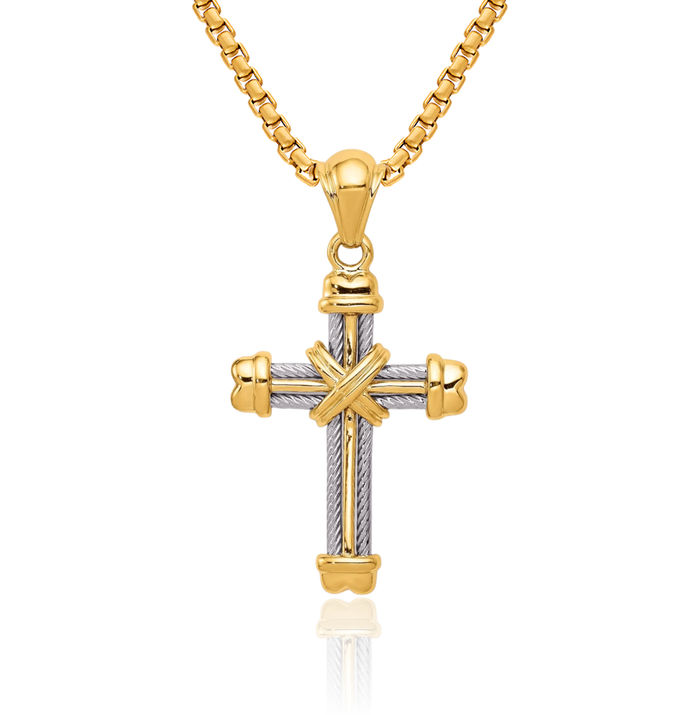 14K Solid Two Tone Gold Latin Mexican Holy Cross Necklace Religious Chain Pendant Jesus Christ Charm