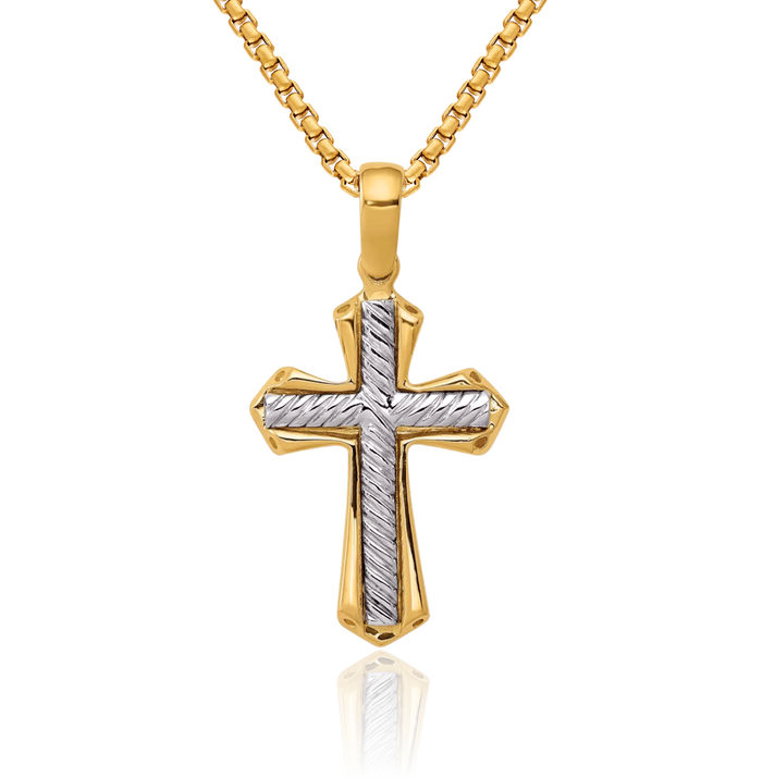 14K Solid Two Tone Gold Holy Cross Necklace Religious Chain Pendant Jesus Christ Charm