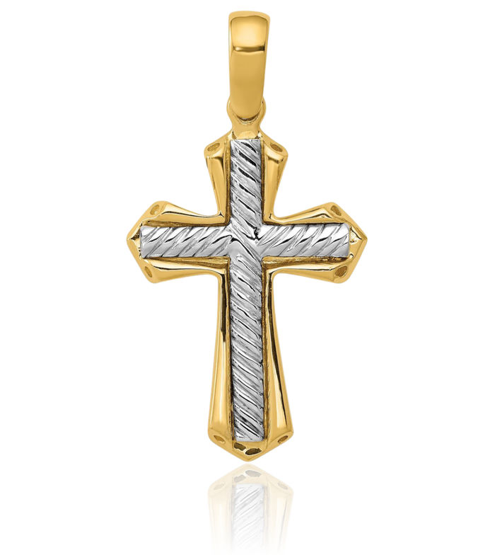 14K Solid Two Tone Gold Holy Cross Necklace Religious Chain Pendant Jesus Christ Charm