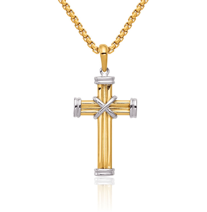 14K Solid Two Tone Gold Latin Mexican Holy Cross Necklace Religious Chain Pendant Jesus Christ Christian Charm