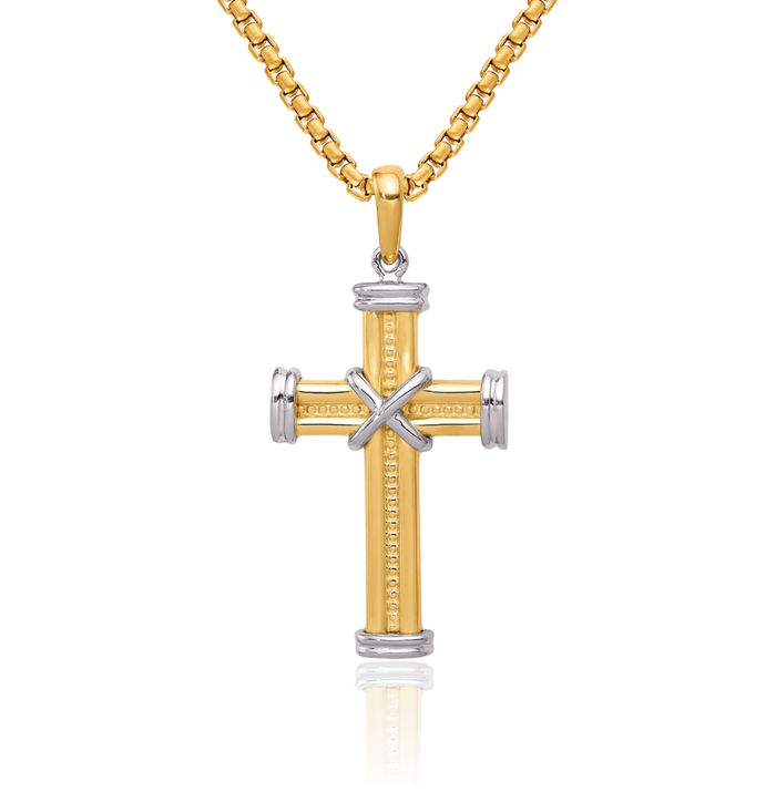 14K Solid Two Tone Gold Latin Mexican Holy Cross Necklace Religious Chain Pendant Jesus Christ Charm