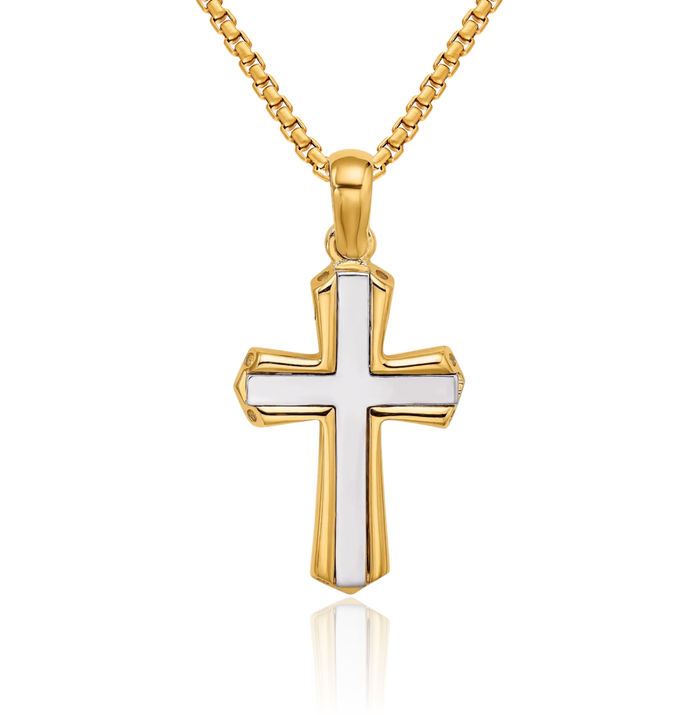 14K Solid Two Tone Gold Holy Cross Necklace Religious Chain Pendant Jesus Christ Charm